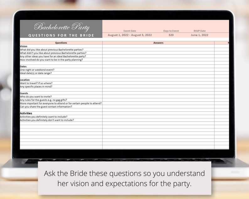 Bachelorette Party Planning Excel Spreadsheet Template Etsy