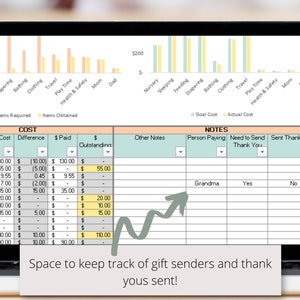 May include: A laptop screen displaying a spreadsheet with a bar graph showing the cost of different items. The spreadsheet is divided into two sections: "Cost" and "Notes". The "Cost" section includes columns for "Actual Cost", "Difference", "$ Paid", and "Outstanding". The "Notes" section includes columns for "Person Paying", "Need to Send Thank You", and "Sent Thank You?". The spreadsheet is labeled "Space to keep track of gift senders and thank yous sent!"