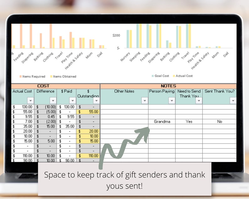 May include: A laptop screen displaying a spreadsheet with a bar graph showing the cost of different items. The spreadsheet is divided into two sections: "Cost" and "Notes". The "Cost" section includes columns for "Actual Cost", "Difference", "$ Paid", and "Outstanding". The "Notes" section includes columns for "Person Paying", "Need to Send Thank You", and "Sent Thank You?". The spreadsheet is labeled "Space to keep track of gift senders and thank yous sent!"