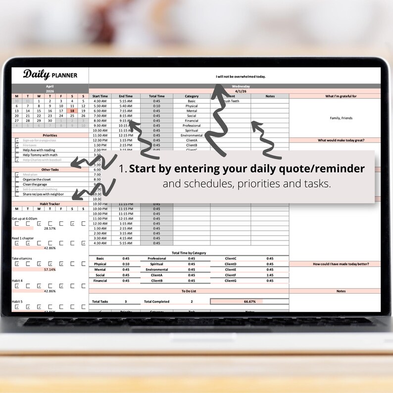 Daily Planner Excel Spreadsheet, Daily Schedule Template, Task Planner ...