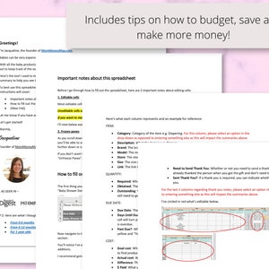 May include: A printable spreadsheet with instructions on how to budget, save, and make more money. The spreadsheet is designed to help track baby expenses. The spreadsheet includes a section for baby shower gifts, with columns for the item, category, description, brand, model, store, size, link, quantity, due date, cost, and whether a thank you card is needed.