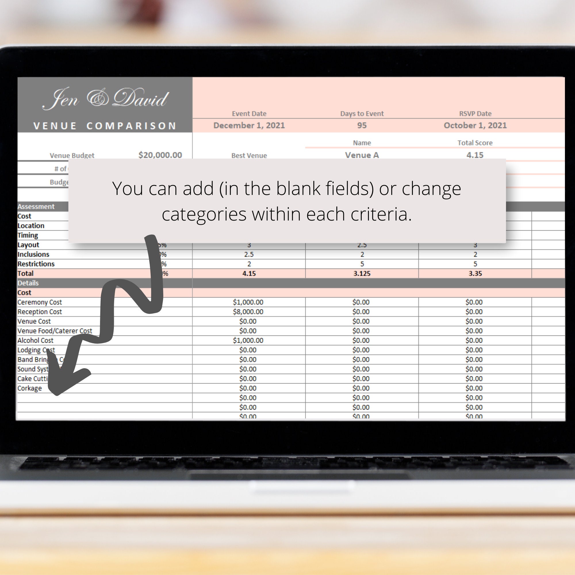 Wedding Venue Comparison Excel Spreadsheet, Assessment Checklist ...