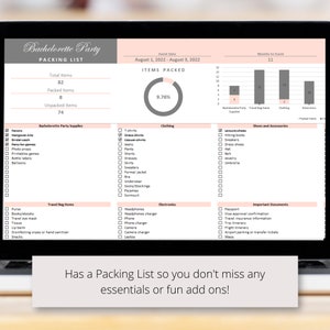 May include: A printable bachelorette party packing list checklist with a progress bar showing 9.76% of items packed. The list includes categories for bachelorette party supplies, travel bag items, clothing, shoes and accessories, electronics, and important documents. The list is designed to help plan for a bachelorette party weekend getaway.
