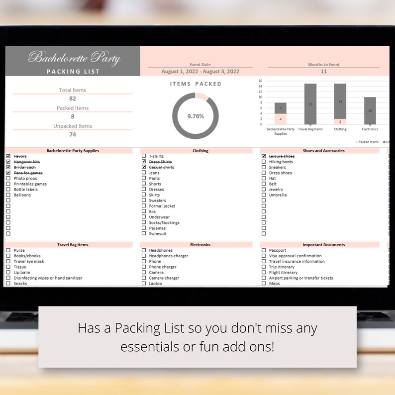 May include: A printable bachelorette party packing list checklist with a progress bar showing 9.76% of items packed. The list includes categories for bachelorette party supplies, travel bag items, clothing, shoes and accessories, electronics, and important documents. The list is designed to help plan for a bachelorette party weekend getaway.