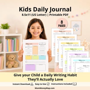 Kids Daily Journal Printable PDF, Gratitude and Reflection Diary Pages, DIY Children Writing Sheets