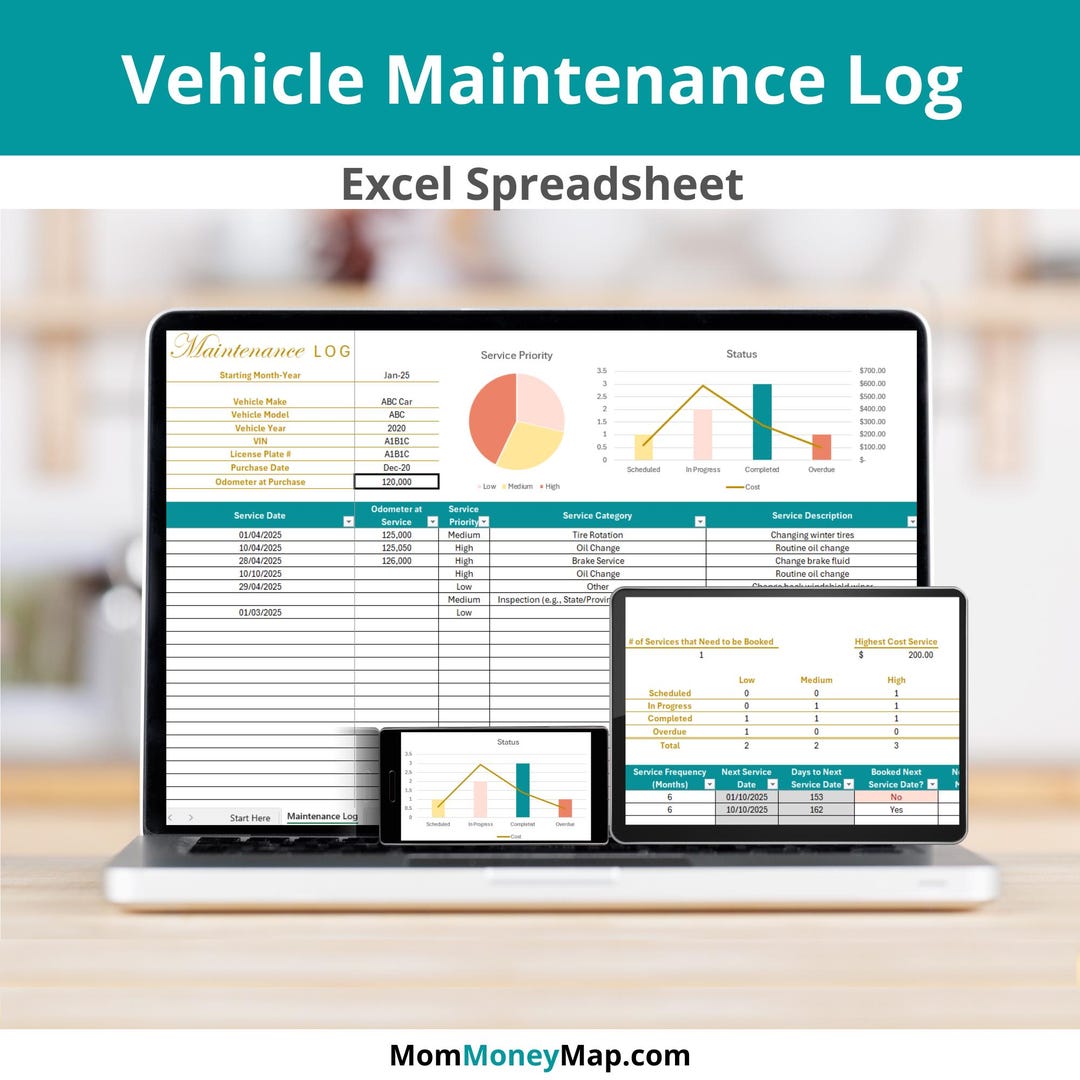 Vehicle Maintenance Log Excel Spreadsheet, Auto Maintenance Tracker
