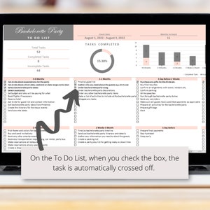 May include: A printable checklist for planning a bachelorette party. The checklist is divided into sections for different timeframes, such as 4-6 months, 1-2 months, 2 weeks-1 month, 1 day before-2 weeks, and 1 day before. Each section includes a list of tasks to complete, with checkboxes next to each task. The checklist also includes a progress bar that shows how many tasks have been completed.