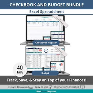 Checkbook Register and Monthly Budget Bundle Excel Spreadsheet with Annual Summaries, Digital Budget and Check Register Transaction Template