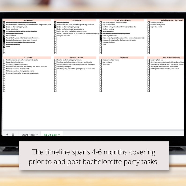 Puede incluir: Una lista de verificaci&oacute;n imprimible para planificar una despedida de soltera. La lista de verificaci&oacute;n est&aacute; dividida en secciones para 4-6 meses, 2-4 meses, 1-2 meses, 2 semanas-1 mes, 1 d&iacute;a antes de 2 semanas, 1 d&iacute;a antes y despu&eacute;s de la despedida de soltera. Cada secci&oacute;n incluye una lista de tareas para completar, como reservar entretenimiento, pedir decoraciones y enviar invitaciones.