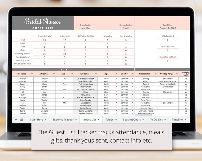 May include: A laptop screen displaying a bridal shower guest list tracker. The tracker includes sections for guest information, RSVPs, attendance, gifts, and thank you notes. The screen also shows a list of guests with their names, titles, and relationships to the bride.