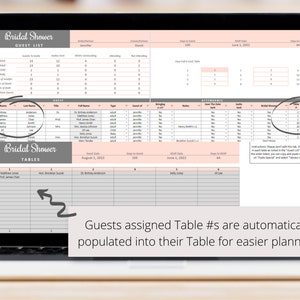 May include: A digital planner for a bridal shower with a guest list, table assignments, and a checklist. The planner is on a laptop screen with a pink and gray color scheme.