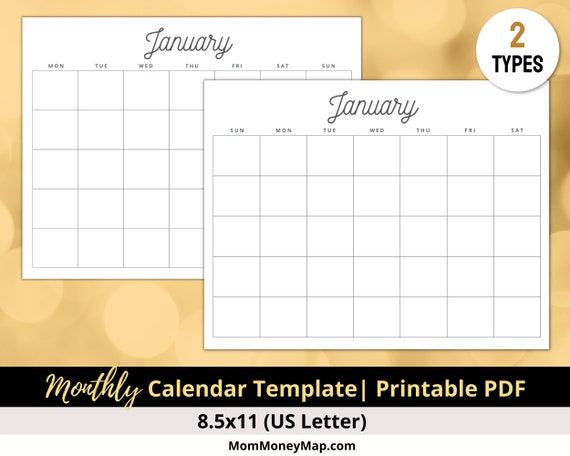 Monthly Calendar Template Printable Blank Monthly Calendar - Etsy