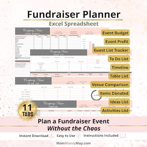 Fundraiser Event Planner Excel Spreadsheet Template, Gala Planning Organizer with Party Checklist, Budget, Forms