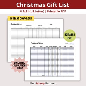 Christmas Gift Tracker Printable PDF, Christmas Shopping List Gift Planner, Plan Your Xmas Holiday Budget and Ideas Gift Tracking Template