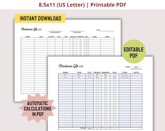 May include: Printable Christmas gift list with a checklist for buying, wrapping, and sending gifts. The list includes columns for name, item, cost, budget, store, and notes. The list is designed for 8.5x11 inch paper and is available for instant download.