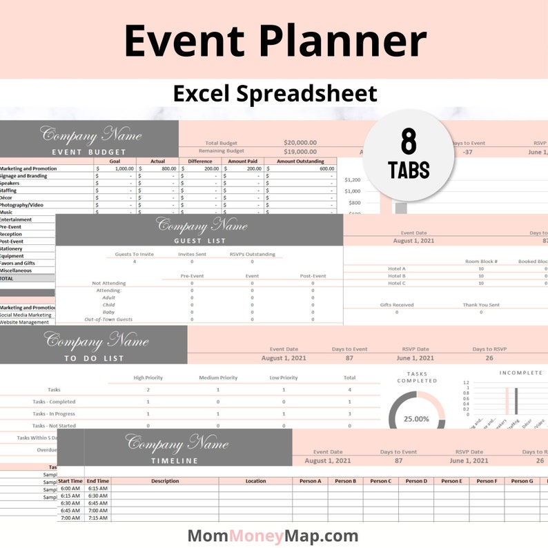 Puede incluir: Una hoja de c&aacute;lculo de planificaci&oacute;n de eventos imprimible en rosa y gris con 8 pesta&ntilde;as. Las pesta&ntilde;as incluyen: Presupuesto del evento, Lista de invitados, Lista de tareas, Cronograma, RSVP, Tareas e Incompleto. La hoja de c&aacute;lculo incluye secciones para la fecha del evento, los d&iacute;as hasta el evento, la fecha de RSVP, los d&iacute;as hasta RSVP y los n&uacute;meros de bloque de habitaciones.
