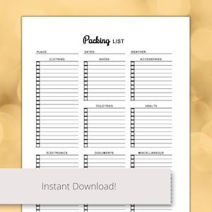 Blank Packing List Printable PDF for Travel Editable Vacation - Etsy