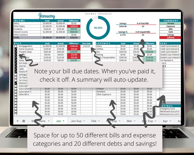 Budgeting Planner Google Sheets Spreadsheet to Track your Paycheck, Expenses, Savings and Debt, Monthly Budget Planner Digital Template image 4