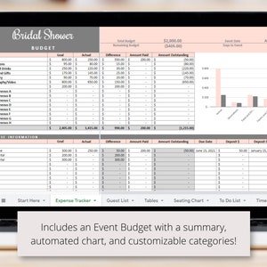 May include: A laptop screen displaying a bridal shower budget spreadsheet with a chart. The spreadsheet includes categories for venue, decorations, food and drinks, favors and gifts, stationery, photography/video, music, and miscellaneous expenses. The chart shows the amount spent on each category. The spreadsheet also includes a section for expense information, with columns for goal, actual, difference, amount paid, amount outstanding, due date, deposit, and deposit due. The spreadsheet is titled "Bridal Shower Budget".