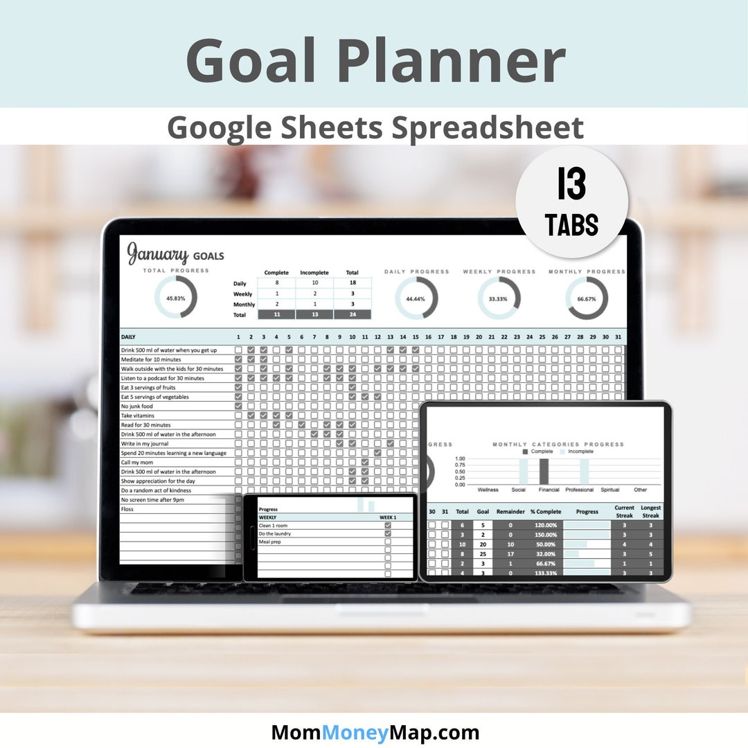 Goal Planner Google Sheets Spreadsheet for Daily, Weekly & Monthly ...