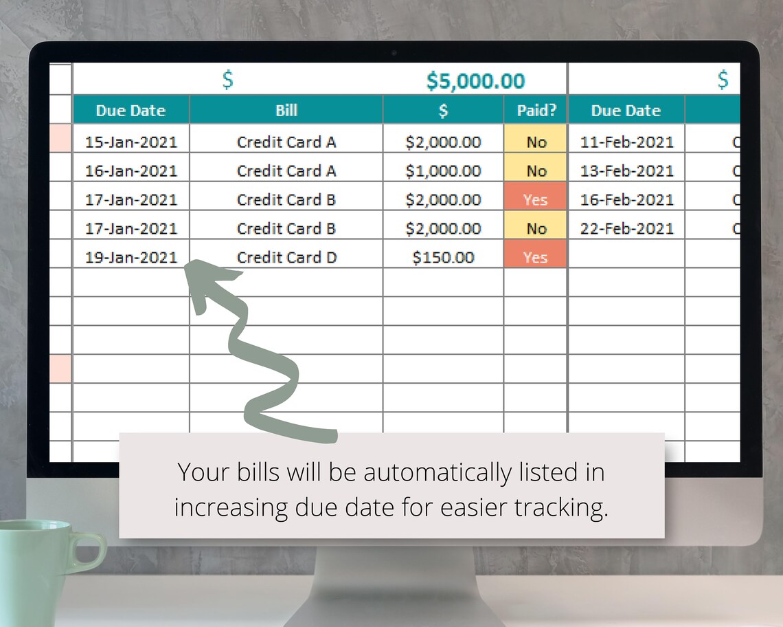 Bill Tracker Google Sheet Spreadsheet Monthly Bill Due Date Etsy