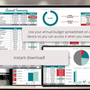 May include: A computer screen displaying a budget spreadsheet with a green and white color scheme. The spreadsheet shows income, expenses, bills, and savings. The text "Use your annual budget spreadsheet on any device so you can access it when you need to!" is displayed on the screen. The text "Instant download!" is displayed below the screen.