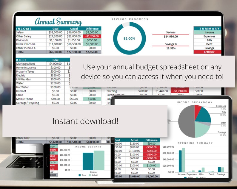 May include: A computer screen displaying a budget spreadsheet with a green and white color scheme. The spreadsheet shows income, expenses, bills, and savings. The text "Use your annual budget spreadsheet on any device so you can access it when you need to!" is displayed on the screen. The text "Instant download!" is displayed below the screen.