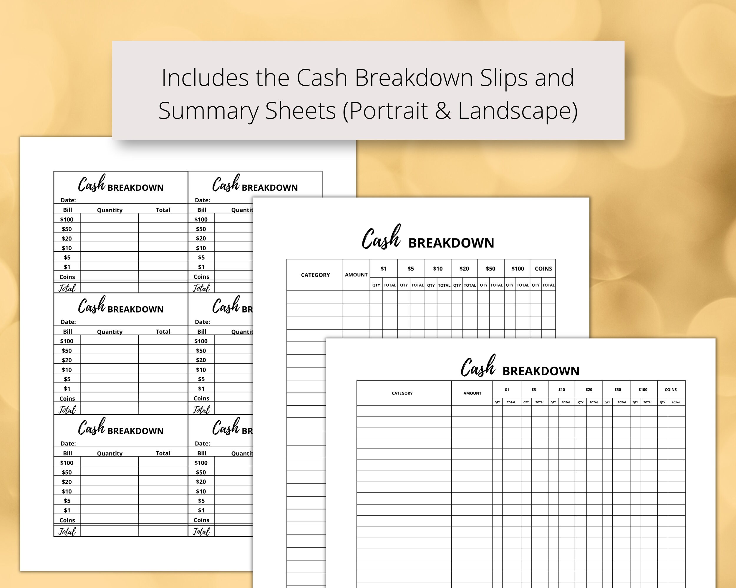 Cash Breakdown Slip and Sheet Bundle Printable PDF, Bank Teller Cash ...