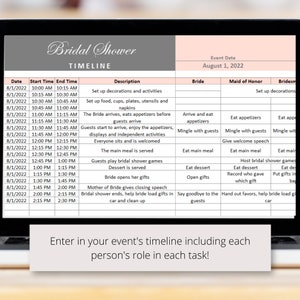 May include: A printable bridal shower timeline template with a pink and white color scheme. The timeline includes a list of tasks, times, and who is responsible for each task. The text in the image reads "Bridal Shower Timeline" and "Event Date August 1, 2022".