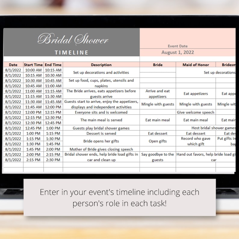 May include: A printable bridal shower timeline template with a pink and white color scheme. The timeline includes a list of tasks, times, and who is responsible for each task. The text in the image reads "Bridal Shower Timeline" and "Event Date August 1, 2022".