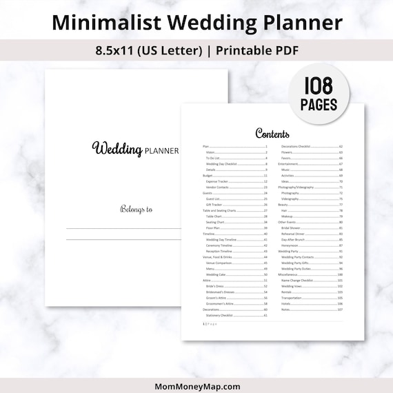 PDF stampabile Wedding Planner / Diario del libro di attività per matrimoni  minimalisti / Raccoglitore per la pianificazione del matrimonio Modello  personalizzato / Download digitale -  Italia
