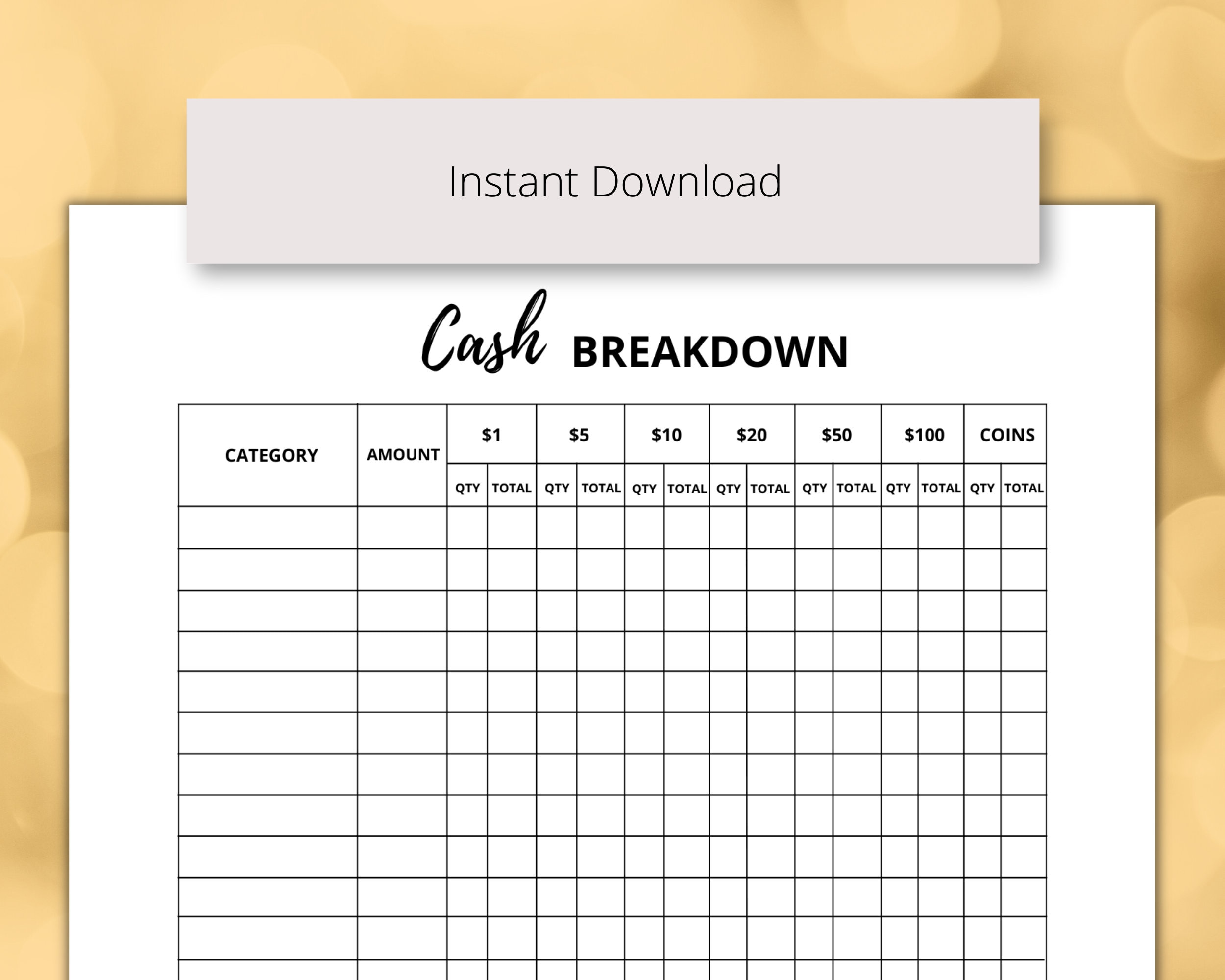 Cash Breakdown Sheet Printable PDF, Money Breakdown Form by ...
