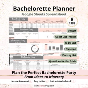 Bachelorette Party Planner Google Sheets Spreadsheet Template for Planning Guests, Activities, Budget, Schedule and Party Details