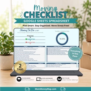 Puede incluir: Una hoja de cálculo digital de lista de verificación de mudanza en Google Sheets mostrada en una pantalla de computadora portátil. La interfaz presenta una lista de tareas, porcentajes de finalización y columnas organizadas. Texto incluye MomMoneyMap.com.