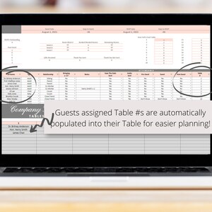 May include: A laptop screen displaying a spreadsheet with a table seating chart for a wedding or event. The spreadsheet includes guest names, relationships, and table assignments. The text "Guests assigned Table #s are automatically populated into their Table for easier planning!" is displayed on the screen.