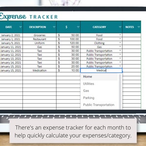 May include: A laptop screen displaying a spreadsheet with the title "Expense TRACKER". The spreadsheet is organized into columns for date, description, amount, category, and notes. The spreadsheet is used to track expenses for the month of January 2021.
