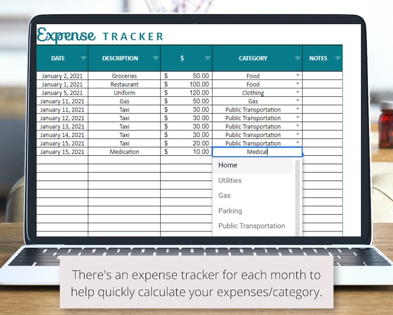 May include: A laptop screen displaying a spreadsheet with the title "Expense TRACKER". The spreadsheet is organized into columns for date, description, amount, category, and notes. The spreadsheet is used to track expenses for the month of January 2021.