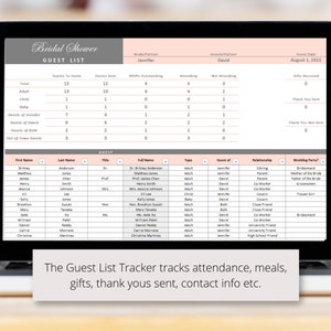 May include: A computer screen displaying a guest list tracker for a bridal shower. The tracker includes columns for guest name, title, type, guest of, relationship, and wedding party. The tracker also includes a section for RSVPs, attendance, and gifts received.