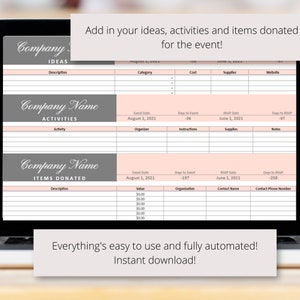 May include: A printable checklist for planning an event. The checklist includes sections for ideas, activities, and items donated. The checklist is designed to help you plan your event from start to finish. The checklist includes sections for event date, days to event, RSVP date, days to RSVP, organiser, instructions, supplies, and notes.