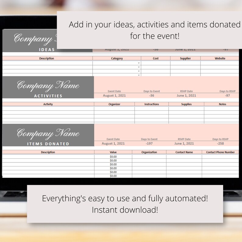 May include: A printable checklist for planning an event. The checklist includes sections for ideas, activities, and items donated. The checklist is designed to help you plan your event from start to finish. The checklist includes sections for event date, days to event, RSVP date, days to RSVP, organiser, instructions, supplies, and notes.