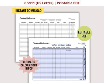 May include: Printable Christmas card tracker in PDF format. The tracker has columns for full name, address, city, state, zip code, country, phone number, email, total sent, total received, and difference. The tracker is 8.5x11 inches and is available for instant download.
