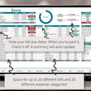 May include: A computer screen displaying a budget spreadsheet with categories for income, bills, expenses, and savings. The spreadsheet is titled "January" and includes a progress bar showing 84.62% savings progress. The spreadsheet has checkboxes for bills and expenses, with a note that says "Note your bill due dates. When you've paid it, check it off. A summary will auto-update."