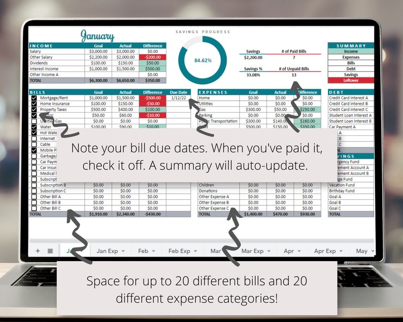 May include: A computer screen displaying a budget spreadsheet with categories for income, bills, expenses, and savings. The spreadsheet is titled "January" and includes a progress bar showing 84.62% savings progress. The spreadsheet has checkboxes for bills and expenses, with a note that says "Note your bill due dates. When you've paid it, check it off. A summary will auto-update."