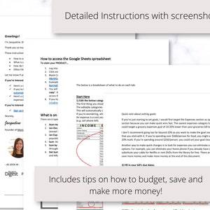 May include: A document with detailed instructions and screenshots on how to budget, save, and make more money. The document includes a section on how to access a Google Sheets spreadsheet and a section on setting financial goals.