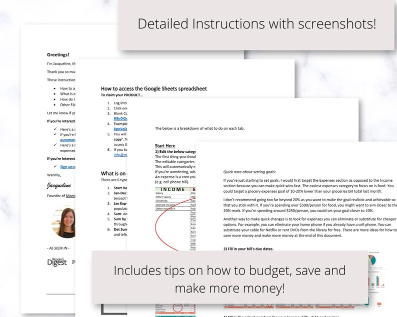 May include: A document with detailed instructions and screenshots on how to budget, save, and make more money. The document includes a section on how to access a Google Sheets spreadsheet and a section on setting financial goals.