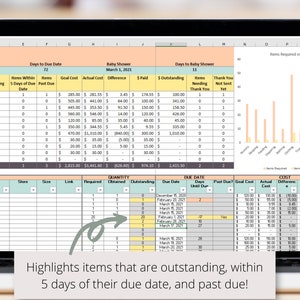 May include: A spreadsheet with a light green and orange color scheme. The spreadsheet is tracking items needed for a baby shower. The spreadsheet includes columns for the date, items outstanding, items within 5 days of the due date, items past due, goal cost, actual cost, difference, paid, and outstanding. The spreadsheet also includes a chart showing the items required versus the items obtained. The chart has a light orange background and yellow bars. The chart shows that the most items are needed for "Clothing".