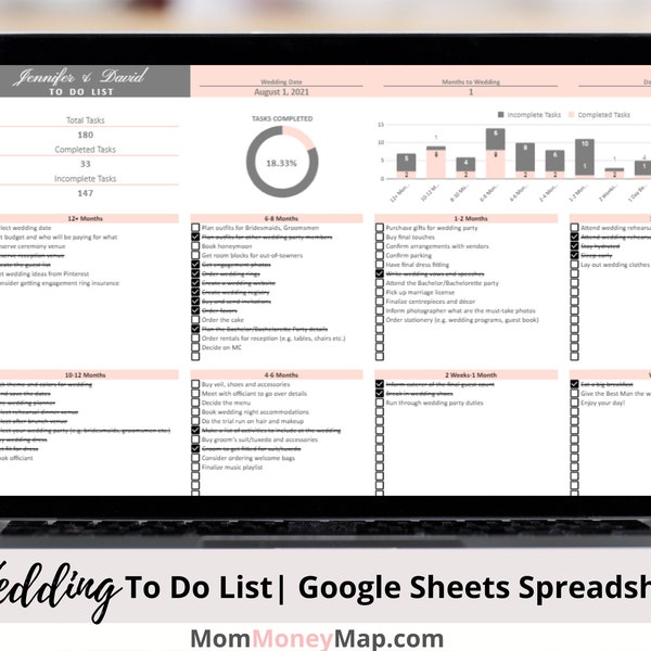 Wedding To Do List Google Sheets Spreadsheet | Wedding Planner Checklist To Stay Organized! | Bride Checklist | Groom Checklist