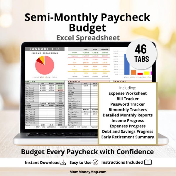 Szablon arkusza kalkulacyjnego Excel do budżetu na półmiesięczne wypłaty, umożliwiający śledzenie dochodów, rachunków, wydatków, wydatków i oszczędności w dwóch kolejnych miesiącach (wersja cyfrowa)