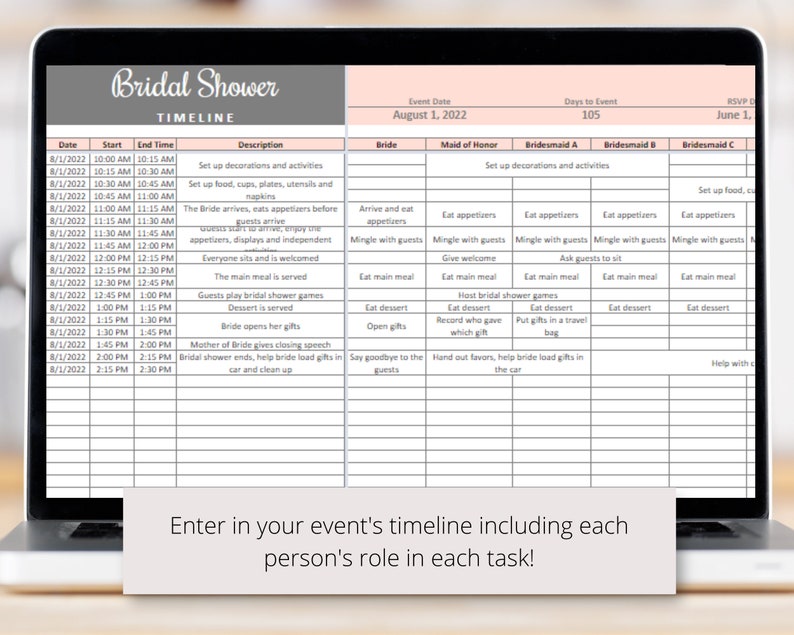 May include: A printable bridal shower timeline checklist with a pink and white color scheme. The checklist includes columns for date, start time, end time, description, bride, maid of honor, bridesmaid A, bridesmaid B, and bridesmaid C. The checklist is designed to help plan a bridal shower event.