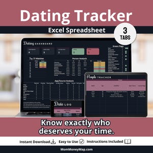 Dark Mode Dating Tracker Excel Spreadsheet Template for Tracking Dates, Matches, Relationships, Notes and Dating History (Digital Download)